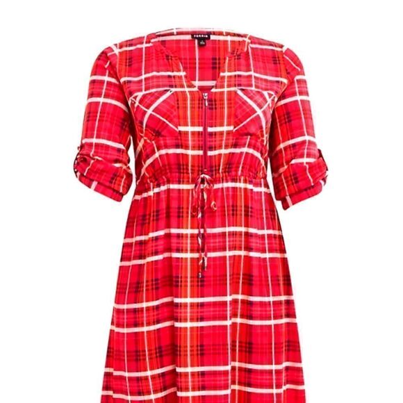 TORRID Plus Size  Zip Front Plaid Pink Stretch Challis Shirt Dress - Picture 12 of 16